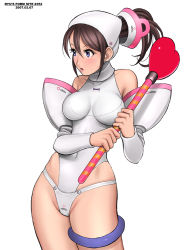 Rule 34 | 1girl, blue eyes, bodysuit, brown hair, cowboy shot, dated, detached sleeves, heart, holding, ponytail, ryu (ryu&#039;s form site), science fiction, simple background, solo, thigh strap, two-handed, wand, white background