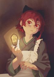 Rule 34 | 1girl, ain (despera), alkemanubis, apron, asymmetrical hair, bow, commentary, despera, english commentary, hair between eyes, hair bow, highres, holding, japanese clothes, kimono, light bulb, long sleeves, looking at viewer, parted lips, red eyes, red hair, short hair, signature, solo, sparks, upper body, wide sleeves