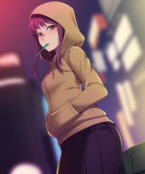 Rule 34 | 10s, 1girl, blurry, blush, candy, depth of field, dutch angle, food, from side, hands in pockets, high score girl, honda naoki, hood, hoodie, lollipop, long hair, looking at viewer, mouth hold, night, oono akira, outdoors, parted lips, pleated skirt, purple hair, red eyes, skirt, solo, standing