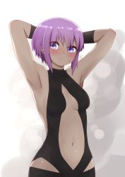 Rule 34 | 1girl, armpits, arms behind head, arms up, bare shoulders, black bodysuit, blush, bodysuit, breasts, center opening, closed mouth, commentary request, dark-skinned female, dark skin, fate/prototype, fate/prototype: fragments of blue and silver, fate (series), flying sweatdrops, hair between eyes, hassan of serenity (fate), highres, i.u.y, looking at viewer, navel, purple eyes, purple hair, short hair, small breasts, solo, sweat, white background