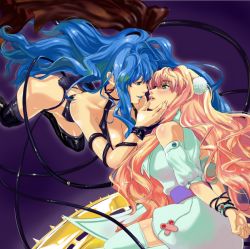 Rule 34 | 00s, 2girls, bdsm, blonde hair, blue eyes, blue hair, blush, bondage, boots, bound, cable, dual persona, earrings, grabbing another&#039;s chin, hand on another&#039;s chin, imminent kiss, jewelry, lipstick, long hair, macross, macross frontier, macross frontier: itsuwari no utahime, makeup, multiple girls, munage4, sheryl nome, thigh boots, thighhighs, very long hair, yuri