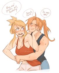 Rule 34 | 1boy, 1girl, absurdres, aiphelix, bare shoulders, black undershirt, blonde hair, blue eyes, blush, edward elric, fullmetal alchemist, highres, hug, hug from behind, long hair, looking at another, looking back, looking to the side, one eye closed, open mouth, ponytail, red shirt, shirt, simple background, upper body, white background, winry rockbell, yellow eyes