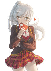 Rule 34 | 1girl, box, box of chocolates, breasts, commentary request, cowboy shot, floating hair, grey eyes, heart, heart-shaped box, jacket, long hair, looking at viewer, medium breasts, miniskirt, moai (moai world), plaid, plaid skirt, ponytail, red skirt, rwby, scar, scar across eye, scar on face, school uniform, shirt, simple background, skirt, solo, weiss schnee, white background, white hair