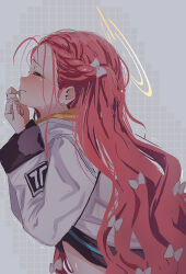 Rule 34 | 1girl, abe kanari, blue archive, bow, braid, closed eyes, closed mouth, commentary request, grey background, hair bow, halo, highres, jacket, long hair, long sleeves, profile, red hair, solo, sweat, trembling, white bow, white jacket, yellow halo, yuzu (blue archive)