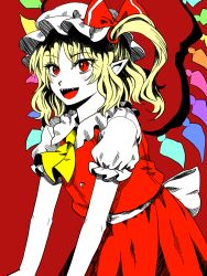 Rule 34 | 1girl, :d, ascot, back bow, blonde hair, blush, bow, breasts, cowboy shot, crystal, eyes visible through hair, flandre scarlet, frilled shirt collar, frills, hair bow, hat, highres, kuya (hey36253625), looking ahead, medium hair, mob cap, one side up, open mouth, parted bangs, pointy ears, puffy short sleeves, puffy sleeves, red bow, red eyes, red skirt, red vest, sharp teeth, short sleeves, sketch, skirt, small breasts, smile, solo, teeth, touhou, vest, white bow, white hat, wings, yellow ascot