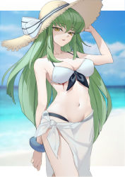 Rule 34 | 1girl, absurdres, bare arms, bare shoulders, bikini, blue sky, breasts, c.c., cleavage, cloud, code geass, commentary, cowboy shot, day, female focus, green hair, hat, highres, large breasts, long hair, looking at viewer, navel, ocean, parted lips, sarong, see-through, sky, smile, solo, standing, stomach, sun hat, swimsuit, thighs, very long hair, water, white bikini, yang lizi, yellow eyes