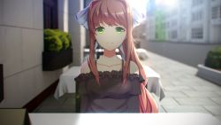 Rule 34 | 1girl, arms at sides, bare shoulders, black dress, blurry, blurry background, bow, breasts, brown hair, casual, chair, closed mouth, collarbone, commentary, day, doki doki literature club, dress, frilled dress, frills, green eyes, hair bow, highres, lens flare, light particles, long hair, long sleeves, looking at viewer, medium breasts, monika (doki doki literature club), outdoors, ponytail, sidelocks, sitting, smile, solo, sunlight, table, tablecloth, tagme, tsukimaru, upper body, white bow