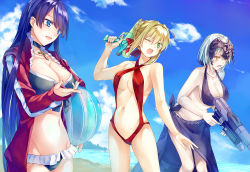 Rule 34 | 10s, 3girls, :d, ;d, ahoge, ball, beach, beachball, bikini, black bikini, blonde hair, blue eyes, blue sky, blush, braid, breasts, cleavage, cloud, cloudy sky, collarbone, d:, d:&lt;, day, fate/extra, fate/extra ccc, fate/grand order, fate (series), french braid, green eyes, hair intakes, hair ribbon, hand up, headpiece, holding, hood, hoodie, jeanne d&#039;arc (fate), jeanne d&#039;arc (ruler) (fate), jeanne d&#039;arc alter (avenger) (fate), jeanne d&#039;arc alter (fate), large breasts, leaning forward, long hair, lowleg, martha (fate), martha (swimsuit ruler) (fate), martha (swimsuit ruler) (second ascension) (fate), medium breasts, multiple girls, navel, nero claudius (fate), nero claudius (fate) (all), nero claudius (fate/extra), official alternate costume, one-piece swimsuit, one eye closed, open clothes, open hoodie, open mouth, outdoors, purple hair, red one-piece swimsuit, red ribbon, ribbon, saijou haruki, sarong, short hair, sidelocks, silver hair, sky, slingshot swimsuit, smile, standing, swimsuit, thighs, trigger discipline, v-shaped eyebrows, very long hair, water gun, yellow eyes
