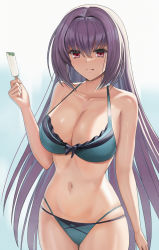 Rule 34 | 1girl, arm at side, bikini, breasts, closed mouth, collarbone, fate/grand order, fate (series), food, green bikini, hand up, highres, higofushi, holding, holding food, large breasts, licking lips, long hair, navel, popsicle, purple hair, red eyes, scathach (fate), scathach skadi (swimsuit ruler) (fate), scathach skadi (swimsuit ruler) (final ascension) (fate), skindentation, solo, stomach, swimsuit, tongue, tongue out, very long hair