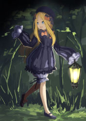Rule 34 | 1girl, :d, abigail williams (fate), black bow, black dress, black footwear, black hat, blonde hair, bloomers, blue eyes, bow, bug, butterfly, dress, fate/grand order, fate (series), forest, hair bow, hat, holding, holding lantern, insect, lantern, long hair, long sleeves, looking away, looking to the side, mary janes, nature, night, open mouth, orange bow, outdoors, parted bangs, shoes, sleeves past fingers, sleeves past wrists, smile, solo, standing, standing on one leg, twitter username, tyone, underwear, very long hair, white bloomers