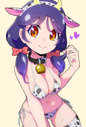 Rule 34 | 1girl, animal collar, animal ears, animal print, bell, bikini, black collar, bow, breasts, cleavage, closed mouth, collar, commentary, cow ears, cow horns, cow print, cow print bikini, cowbell, cowboy shot, fake animal ears, fake horns, hair bow, halterneck, hand in own hair, heart, highres, horns, large breasts, leaning forward, looking at viewer, low twintails, medium hair, navel, neck bell, orange eyes, pink bow, precure, print bikini, print thighhighs, purple hair, ryuuta (cure ryuuta), side-tie bikini bottom, simple background, smile, solo, standing, suzumura sango, swimsuit, thighhighs, tropical-rouge! precure, twintails, white bikini, white thighhighs, yellow background