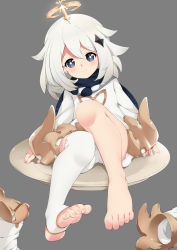 Rule 34 | 1girl, absurdres, barefoot, black scarf, blue eyes, bodysuit, boots, chinese commentary, feet, foot focus, foreshortening, genshin impact, grey background, hair ornament, halo, highres, knees up, legs, paimon (genshin impact), plate, scarf, short hair, silver hair, simple background, single thighhigh, sitting, smile, soles, solo, stirrup legwear, thighhighs, thighs, toeless legwear, toes, unworn boots, user zrph5432, white bodysuit