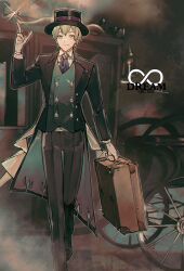 Rule 34 | 1boy, albino (a1b1n0623), bag, belt buckle, black coat, black footwear, black hat, black pants, blue necktie, briefcase, brooch, buckle, buttoned cuffs, buttons, carriage, coat, coin, collared shirt, david (fate), david (infinity dream) (fate), double-breasted, fate/grand order, fate (series), foot out of frame, formal, glint, gloves, green eyes, green hair, green vest, hair between eyes, hat, highres, holding, holding bag, holding briefcase, index finger raised, infinity symbol, jewelry, light particles, looking at viewer, male focus, necktie, official alternate costume, open clothes, open coat, oxfords, pants, shirt, shoes, short hair, smile, smoke, solo, top hat, vest, walking, white gloves, white shirt