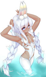 Rule 34 | + +, 1girl, absurdres, alternate skin color, animal ears, armpits, arms up, azur lane, bare arms, blue eyes, braid, breasts, chinese commentary, commentary request, dark-skinned female, dark skin, fake animal ears, hair between eyes, hair ornament, hairband, highleg, highleg leotard, highres, le malin (azur lane), le malin (listless lapin) (azur lane), leotard, long hair, looking at viewer, mikawa sansen, o-ring, official alternate costume, pantyhose, parted lips, playboy bunny, rabbit ears, small breasts, solo, standing, thigh strap, twin braids, very long hair, wading, water, white hair, white hairband, white leotard, white pantyhose, wrist cuffs
