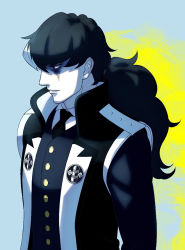 Rule 34 | 1boy, ace attorney, black hair, blue background, chiaki7, coat, cowboy shot, long hair, male focus, multicolored hair, pale skin, phoenix wright: ace attorney - dual destinies, ponytail, profile, simon blackquill, solo, streaked hair, surcoat, two-tone hair, white hair, yellow background