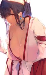 Rule 34 | 1girl, black hair, breasts, cleavage, earrings, highres, huge breasts, japanese clothes, jewelry, kimono, leaning forward, long hair, looking at viewer, loose clothes, multicolored clothes, multicolored kimono, original, ponytail, red kimono, standing, tomochi (tmc tmc8), white background, white kimono