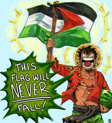 Rule 34 | 1boy, black hair, collarbone, commentary, english commentary, food, fruit, green shorts, hand up, hat, highres, israel-hamas war, male focus, monkey d. luffy, one piece, open mouth, palestinian flag, red shirt, royalgutz, scar, shirt, short hair, shorts, speech bubble, straw hat, teeth, upper body, v-shaped eyebrows, watermelon
