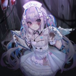 Rule 34 | 1girl, akieda, amane kanata, amane kanata (nurse), angel wings, apron, blood, blood on clothes, blood on face, blue hair, clipboard, detached collar, dress, frilled apron, frills, gloves, grey hair, hair ornament, hat, highres, holding, holding clipboard, holding syringe, hololive, long hair, looking at viewer, multicolored hair, nurse, nurse cap, official alternate costume, parted lips, pink hair, shaded face, short sleeves, sidelocks, solo, streaked hair, syringe, twintails, very long hair, virtual youtuber, white apron, white dress, white gloves, wings, x hair ornament