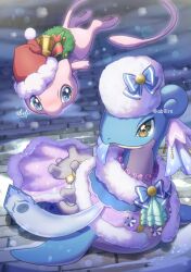 absurdres bell blue_eyes brown_eyes christmas christmas_wreath closed_mouth commentary_request creatures_(company) floating game_freak gen_1_pokemon hat highres jewelry lapras legendary_pokemon mew_(pokemon) mythical_pokemon necklace nintendo no_humans outdoors pokemer pokemon pokemon_(creature) santa_hat scarf smile snow tail twitter_username winter_clothes wreath