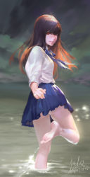 Rule 34 | 1girl, ass, barefoot, blouse, blue neckerchief, blue skirt, brown hair, dated, day, feet, lake, li chunfu, long hair, long sleeves, looking at viewer, neckerchief, original, outdoors, partially submerged, pleated skirt, red eyes, shirt, signature, skirt, sleeves past wrists, soaking feet, soles, solo, splashing, standing, standing on one leg, sunlight, toes, wading, water, white shirt