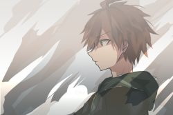 Rule 34 | 1boy, ahoge, artist name, brown hair, closed mouth, commentary request, danganronpa: trigger happy havoc, danganronpa (series), from side, green eyes, grey background, highres, hood, hood down, hoodie, jacket, male focus, naegi makoto, profile, recyclingtrees, short hair, simple background, sketch, solo, upper body, watermark