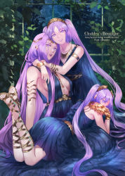 Rule 34 | 3girls, alternate costume, blue dress, breasts, chisasasacha, collar, dress, euryale (fate), fate/grand order, fate/stay night, fate (series), forehead, gladiator sandals, highres, jewelry, leaf, lipstick, long hair, makeup, medusa (fate), multiple girls, purple eyes, purple hair, sandals, siblings, sideboob, sisters, smile, stheno (fate), twins, very long hair