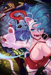 Rule 34 | 1boy, 1girl, animal ears, animal hands, blue eyes, blue hair, blue skin, breasts, cat ears, cat tail, cleavage, colored skin, dress, electric guitar, fangs, felicia (vampire), from above, gloves, guitar, highres, instrument, large breasts, long hair, microphone, muscular, muscular male, rozavamp, shoes, short dress, tail, teeth, tongue, tongue out, topless male, vampire (game), very long hair, yellow eyes, zabel zarock, zombie