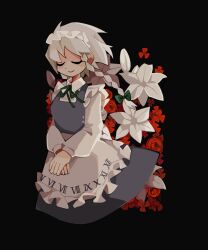 Rule 34 | 1girl, apron, black background, bow, braid, closed eyes, closed mouth, commentary, dress, english commentary, flower, frilled apron, frills, green bow, green ribbon, grey dress, grey hair, hair bow, highres, izayoi sakuya, long hair, long sleeves, maid, maid headdress, neck ribbon, puffy long sleeves, puffy sleeves, red flower, ribbon, roman numeral, signature, smile, solo, touhou, waist apron, white apron, white flower, zhepsikn