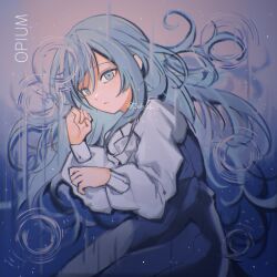 Rule 34 | 1girl, artist name, blue dress, blue eyes, blue hair, bow, bowtie, chromatic aberration, closed mouth, dress, expressionless, highres, light blue hair, light particles, long sleeves, looking afar, lying, mili (band), on side, ooya (july 26), partially submerged, pinafore dress, rain, ripples, shirt, sleeveless, sleeveless dress, solo, sparkle, twitter username, white bow, white shirt