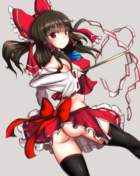Rule 34 | 1girl, ass, black hair, black thighhighs, bow, breasts, covered erect nipples, crayon (medium), crop top, detached sleeves, gohei, grey background, hair bow, hair tubes, hakurei reimu, large breasts, long hair, long sleeves, looking at viewer, looking back, midriff, no bra, ponytail, red eyes, side slit, sideboob, skirt, smile, solo, thighhighs, touhou, traditional media, upskirt, wide sleeves, zibun owl
