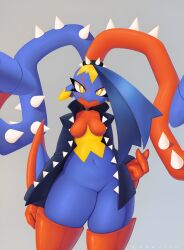 1girl arm_at_side arm_blade artist_name big_hair black_choker blue_coat blue_hair blue_skin bottomless breasts bright_pupils choker closed_mouth coat collarbone colored_skin cowboy_shot creatures_(company) cropped facial_mark female_focus finger_heart fusion game_freak garchomp gen_3_pokemon gen_4_pokemon grey_background groin hand_up long_hair long_sleeves looking_at_viewer mawaifu mawile medium_breasts mega_garchomp mega_mawile mega_pokemon multicolored_hair multicolored_skin navel nintendo no_nipples no_pussy no_shirt open_clothes open_coat pokemon pokemon_(creature) red_hair red_skin simple_background solo spiked_hair_ornament spikes standing star_(symbol) stomach thick_thighs thighs twitter_username two-tone_hair very_long_hair watermark wavy_mouth weapon white_pupils yellow_eyes yellow_skin