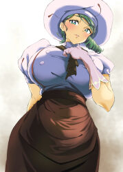 Rule 34 | 1girl, ascot, blush, breasts, bright pupils, buttons, chef hat, creatures (company), dress, game freak, green eyes, green hair, hat, highres, katy (pokemon), large breasts, looking at viewer, looking down, mole, mole under eye, nintendo, parted lips, pink lips, pokemon, pokemon sv, ponytail, side ponytail, smile, solo, umeshiba, white pupils