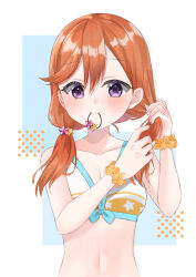 Rule 34 | 1girl, bikini, breasts, collarbone, hair between eyes, highres, long hair, love live!, love live! superstar!!, low twintails, mi0907 mi, midriff, mouth hold, navel, orange hair, orange scrunchie, purple eyes, scrunchie, shibuya kanon, small breasts, solo, stomach, swimsuit, twintails, tying hair, upper body, wrist scrunchie