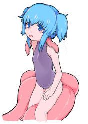 Rule 34 | 1girl, blue eyes, blue hair, borrowed character, female focus, minimaki, monster girl, nyame (coco ankou), one-piece swimsuit, open mouth, original, short twintails, simple background, solo, swimsuit, tentacles, twintails, white background