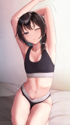 Rule 34 | 1girl, alternate costume, armpits, arms up, bare legs, bed sheet, black bra, black hair, black panties, blush, bra, breasts, closed mouth, commentary, full body, fumei (mugendai), hair over one eye, highres, lips, looking at viewer, medium hair, motion lines, navel, on bed, one eye closed, panties, purple eyes, seiza, short ponytail, sitting, sleeveless, small breasts, solo, sports bra, stomach, stretching, thighs, touhou, underwear, underwear only, usami renko