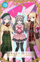 3girls :o ami_ria ami_ria_(winter_costume) artist_request bag belt belt_buckle beret black_bag black_belt black_bow black_footwear black_gloves black_pantyhose black_shirt black_skirt blonde_hair blue_eyes boots bow box brown_belt brown_coat buckle buttons card_(medium) closed_mouth coat collared_coat dot_nose double_bun dress earmuffs earrings eyelashes feet_out_of_frame footwear_bow fur-trimmed_boots fur-trimmed_sleeves fur_trim game_cg gift giving gloves gold_earrings green_hat green_skirt grey_hair grey_pantyhose hair_between_eyes hair_bow hair_bun hair_ribbon hairband hand_in_own_hair hat heart-shaped_box high-waist_skirt high_heel_boots high_heels holding holding_gift jewelry jitome kira_temari kira_temari_(winter_costume) lace lace-trimmed_skirt lace_trim lapels layered_sleeves light_blush long_hair long_skirt long_sleeves looking_at_viewer magia_record:_mahou_shoujo_madoka_magica_gaiden mahou_shoujo_madoka_magica multiple_girls notched_lapels off-shoulder_sweater off_shoulder official_alternate_costume official_art one_side_up open_clothes open_coat open_mouth pale_skin pantyhose picture_frame pink_background pink_coat pink_hairband plaid_clothes plaid_dress plaid_skirt pleated_skirt pocket red_bow red_dress red_footwear red_ribbon ribbon shirt short_dress shoulder_bag skirt smile sparkle star_(symbol) striped_background sweater tareme thigh_boots tokime_shizuka tokime_shizuka_(winter_costume) translated turtleneck turtleneck_shirt two_side_up valentine wavy_hair winter_clothes yellow_sweater