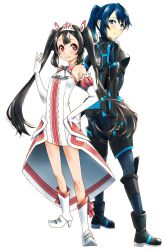 Rule 34 | 2girls, armor, ascot, ass, back-to-back, bare shoulders, black bodysuit, black hair, blue bodysuit, blue brooch, blue eyes, blue footwear, blue gloves, blue hair, blush, body blush, bodysuit, boots, bow, bowtie, breasts, brooch, center frills, clenched hand, commentary request, dress, egao no daika, elbow gloves, flat chest, footwear ribbon, frilled dress, frills, gloves, grey footwear, hair between eyes, hair ornament, hairclip, hand on own hip, hand up, heart-shaped gem, high heel boots, high heels, highres, iwaya akira, jewelry, kneepits, looking at viewer, looking back, medium breasts, mole, mole under eye, multiple girls, official art, overskirt, pilot suit, pink neckwear, pink ribbon, ponytail, print footwear, red eyes, ribbon, short dress, simple background, skindentation, skirt, sleeveless, sleeveless dress, smile, standing, stella shining, strapless, strapless dress, tiara, twintails, white background, white dress, white footwear, white frills, white gloves, white neckwear, white skirt, yuuki soleil