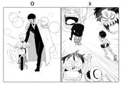 Rule 34 | 5boys, aged down, bicycle, black hair, blonde hair, blood, child, coat, crying, crying with eyes open, donquixote rocinante, doodlz1p, epaulettes, glasses, greyscale, highres, injury, laughing, male focus, monkey d. garp, monkey d. luffy, monochrome, multiple boys, nosebleed, old, old man, one piece, open mouth, portgas d. ace, running, sengoku (one piece), sharp teeth, short hair, tears, teeth, white coat