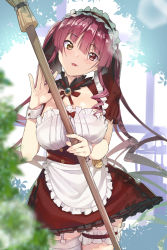 Rule 34 | 1girl, absurdres, apron, blush, breasts, broom, hair ribbon, heterochromia, highres, hololive, houshou marine, koubou (cowbow kun), long hair, looking at viewer, maid, maid headdress, red eyes, red hair, ribbon, smile, solo, twintails, virtual youtuber, yellow eyes