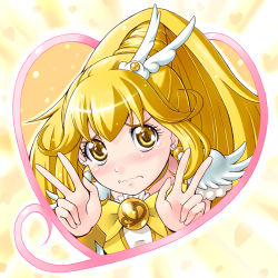 Rule 34 | 10s, 1girl, blonde hair, blush, bow, cure peace, double v, earrings, eyelashes, hair flaps, jewelry, kise yayoi, long hair, magical girl, precure, ribbon, smile precure!, solo, tears, v, wavy mouth, wide ponytail, yaso shigeru, yellow bow, yellow eyes, yellow theme