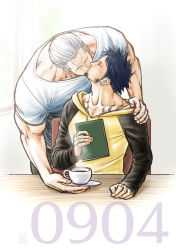 Rule 34 | 2boys, alternate costume, beard, black hair, blush, book, casual, coffee cup, contemporary, couple, cup, disposable cup, earrings, facial hair, goatee, holding, holding book, hood, hoodie, jewelry, kiss, kokorozashi, long sideburns, male focus, mature male, multiple boys, muscular, muscular male, one piece, pectoral cleavage, pectorals, shirt, short hair, sideburns, sitting, smoker (one piece), stubble, toned, toned male, trafalgar law, white hair, white shirt, yaoi, yellow hoodie