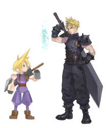 Rule 34 | 2boys, armor, bad id, bad pixiv id, black gloves, blonde hair, boots, buster sword, cloud strife, dual persona, final fantasy, final fantasy vii, final fantasy vii remake, full body, gloves, hand on own hip, highres, looking at another, male focus, multiple boys, low poly, shoulder armor, simple background, sleeveless, sleeveless turtleneck, smile, sora-bakabon, spiked hair, suspenders, sword, translation request, turtleneck, weapon, weapon on back, white background