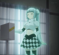 Rule 34 | 10s, boots, curtains, glowing, highres, miss monochrome, miss monochrome (character), screencap, silver hair, solo, thigh boots, thighhighs, twintails, window