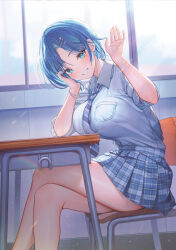 Rule 34 | 1girl, bare legs, blue eyes, blue hair, blue necktie, blue skirt, bracelet, breast rest, breasts, chair, character request, classroom, clenched teeth, collared shirt, crossed legs, desk, diagonal-striped clothes, diagonal-striped necktie, earrings, feet out of frame, hair ornament, hairpin, head rest, highres, indoors, jewelry, kanojo wo ubatta ikemen bishouji ga nazeka oremade nerattekuru, large breasts, legs, looking at viewer, miniskirt, necktie, on chair, plaid, plaid skirt, pleated skirt, sanada keisui, school chair, school desk, second-party source, shirt, shirt tucked in, short hair, skirt, sleeves rolled up, smile, solo, striped clothes, sunlight, teeth, thighs, waving, white shirt, window