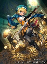 Rule 34 | 1girl, belt, blonde hair, blue eyes, boots, braid, coin, elbow gloves, fingerless gloves, fire emblem, fire emblem: genealogy of the holy war, fire emblem cipher, gloves, gold, hat, holding, holding weapon, jewelry, kawasumi (japonica), long hair, looking at viewer, nintendo, official art, open mouth, pants, patty (fire emblem), ring, scarf, smile, sword, treasure, treasure chest, weapon