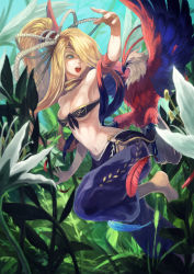 Rule 34 | 1girl, aqua eyes, armpits, bandeau, barefoot, bird, blonde hair, blue eyes, breasts, cleavage, feathers, flower, front-tie top, hair over one eye, harem pants, highres, jungle, lack, long hair, looking back, midriff, nature, navel, o-ring bottom, open mouth, original, outdoors, pants, ponytail, solo, underboob