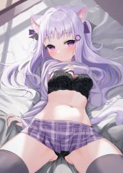 Rule 34 | 1girl, animal ear fluff, animal ears, bed sheet, black bra, black panties, black thighhighs, blush, bra, cat ears, cat girl, cat tail, closed mouth, clothes lift, commentary request, gluteal fold, highres, lifting own clothes, long hair, long sleeves, looking at viewer, lying, on back, original, panties, plaid, plaid skirt, pleated skirt, purple eyes, purple hair, purple shirt, purple skirt, shirt, shirt lift, skirt, sleeves past wrists, solo, tail, thighhighs, tsukiman, underwear, very long hair