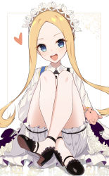 Rule 34 | 1girl, abigail williams (fate), abigail williams (festival outfit) (fate), absurdres, black footwear, black skirt, blonde hair, bloomers, blue eyes, blush, breasts, dress, fate/grand order, fate (series), forehead, heart, highres, keyhole, knees up, layered skirt, legs, long hair, long sleeves, looking at viewer, maid headdress, official alternate costume, open mouth, parted bangs, sash, sidelocks, simple background, sitting, skirt, small breasts, smile, solo, stuffed animal, stuffed toy, teddy bear, torry912, underwear, white background, white bloomers, white dress