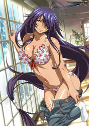 Rule 34 | 00s, 1girl, antenna hair, belt, black hair, blue eyes, blush, bra, breasts, cleavage, clothes pull, collarbone, floral print, frilled bra, frills, front-tie top, groin, hair over one eye, ikkitousen, indoors, kan&#039;u unchou, large breasts, lingerie, long hair, looking at viewer, low-tied long hair, navel, no shirt, no shoes, one eye covered, open belt, open clothes, open fly, panties, pants, pants pull, print bra, print panties, purple hair, shiny skin, smile, solo, standing, standing on one leg, sunlight, swept bangs, tan, unbuckled, unbuttoned, underwear, undressing, unzipped, very long hair, white legwear, window, window shadow, wooden floor