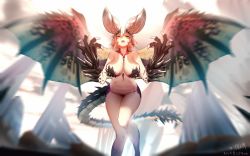 Rule 34 | 1girl, breasts, claws, dragon horns, fangs, highres, horns, large breasts, monster girl, monster hunter, monster hunter: world, monster hunter (series), nergigante, personification, solo, tail, teom, wings